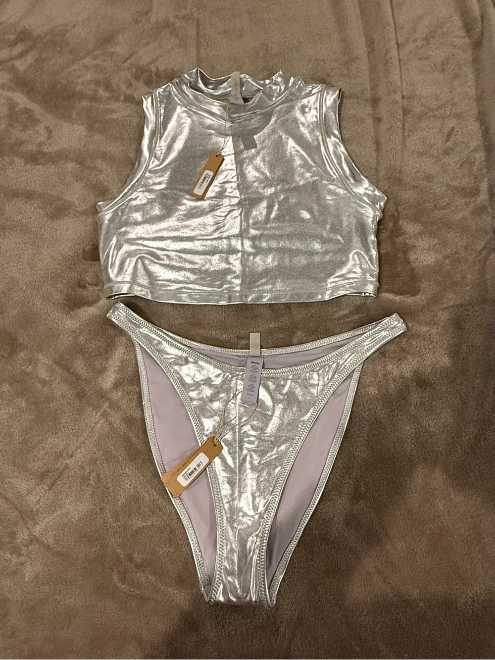 NWT! SKIMS Limited Edition - Metallic Swim - Nickel / Silver Bikini Set - Picture 2 of 5